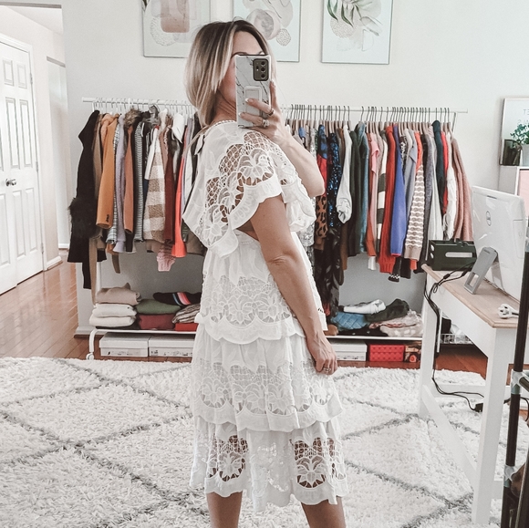 FARM Rio | Dresses | Farm Rio White Lace Richelieu Midi Tiered Dress Nwt | Poshmark